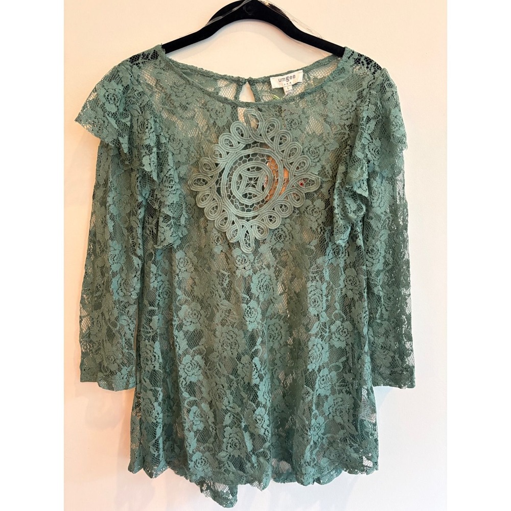Umgee Green Lace Sheer Blouse Ruffle Crochet Medallion Boho Top Large New NWT